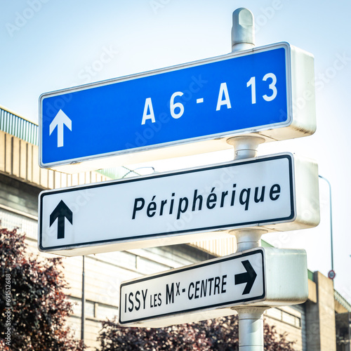 A6, A13 and Peripherique road sign outside the city of Paris, France