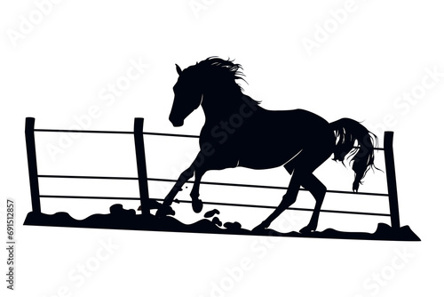Horse silhouette behind wooden fence paddock for countryside 