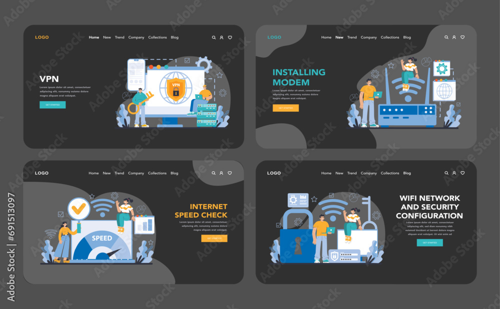 Wi-Fi network dark or night mode web or landing set. Specialist setting up, developing and maintaining wireless fidelity equipment. Secure connection configuration. Flat vector illustration Wi-Fi network dark or night mode web or landing set. Specialist setting up, developing and maintaining wireless fidelity equipment. Secure connection configuration. Flat vector illustration