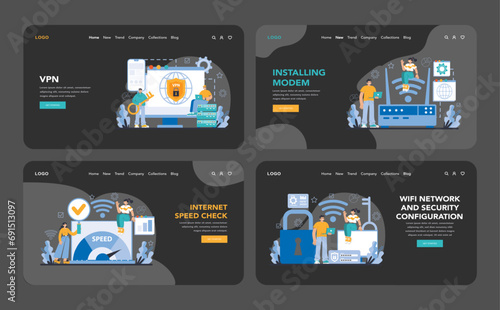 Wi-Fi network dark or night mode web or landing set. Specialist setting up, developing and maintaining wireless fidelity equipment. Secure connection configuration. Flat vector illustration
