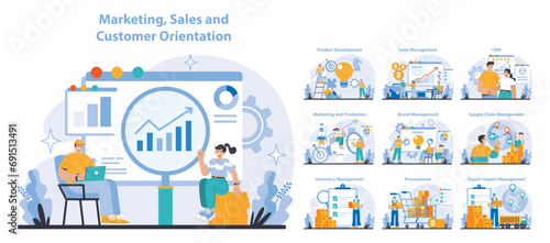 Marketing and Sales set. Comprehensive customer engagement strategies. Cross-functional business operations depicted. Data-driven decision-making illustration. Flat vector illustration.