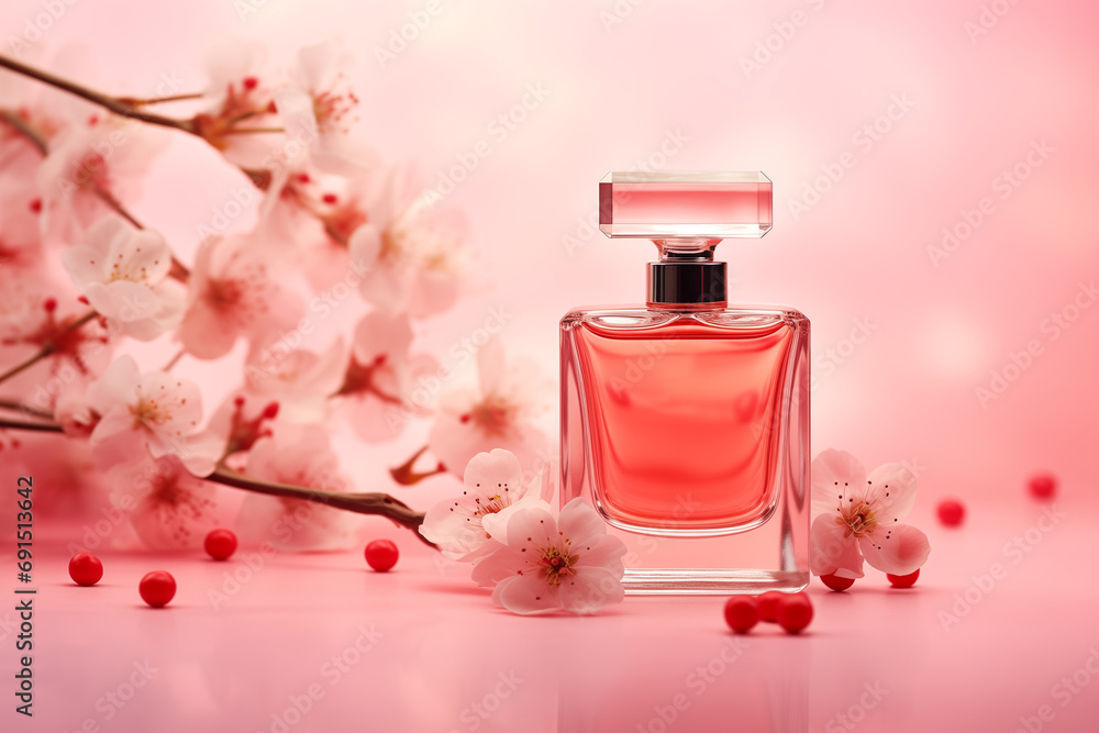 Elegant perfume bottle, pink background. Modern luxury parfum de toilette. The idea of gifts for St.Valentine's day, Birthday, 8-th March
