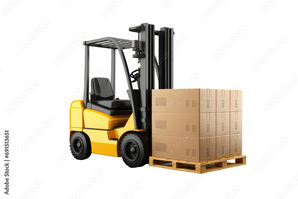 Right side view of Forklift carrying a pallet of cardboard boxes Isolated on a clipped PNG transparent background Right side view of Forklift carrying a pallet of cardboard boxes Isolated on a clipped PNG transparent background