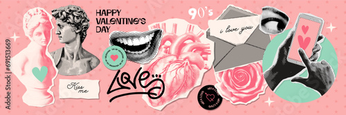 Y2k Collage grunge stickers for Valentine's day. Vintage dotted punk halftone collage elements of lips, eyes, antique statue, paper and online letters on retro poster. Stylish vector ad design