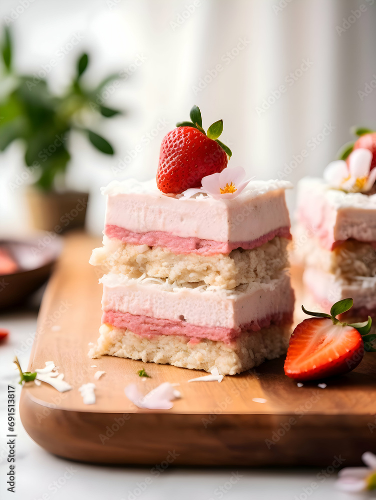 Strawberry and cashew coconut bars on a white marble countertop and a white clean wall background. High quality Strawberry and cashew coconut bars on a white marble countertop and a white clean wall background. High quality