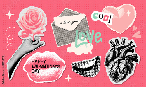 Valentine's day halftone collage elements set with doodles. Dotted paper stickers with rose, hand, mouth, hat, love letter for mixed media design. Vintage Vector illustration photo