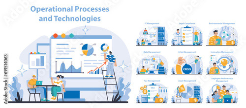 Operational processes and technologies set. Diverse business activities and system management. Cohesive work environment, strategic planning. Flat vector illustration.