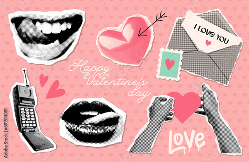 Punk y2k collage elements collection. Hands and lips in halftone treatment. Retro magazine clippings with retro phone and vintage paper letter. Trendy vector illustration.