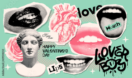 Collage halftone stickers set with mouths, torn paper note, graffiti stroke brushes, doodle elements. Concept of love for Valentine's day. Trendy magazine style, grunge texture, love symbols. Vector photo