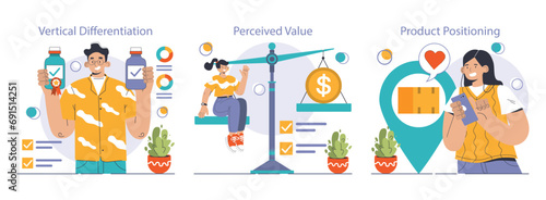 Product differentiation set. Product competitive advantages. Price and quality Brand recognition and market niche definition. Flat vector illustration