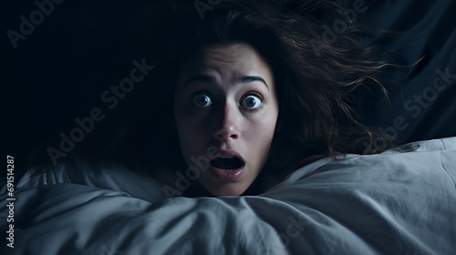 A frightened young woman in bed surrounded by early morning darkness. Young woman with eyes full of fear and anxiety in the silence of the night.