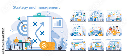 Strategy and management set. Comprehensive business strategy and management functions. Streamlining operations, enhancing human resources, managing risk. Flat vector illustration.