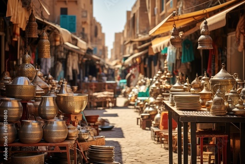 Souvenirs on the market. old Arabic bazaar shopping in outdoor market. Crowded photo