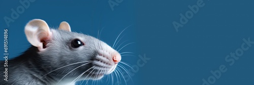 Beautiful domestic rat on blue background, wide horizontal panoramic banner with copy space, or web site header with empty area for text. Advertisement template.