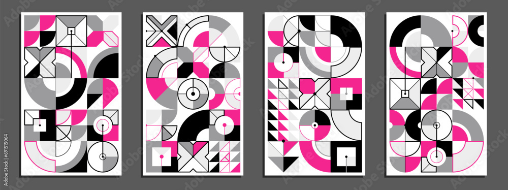 Abstract geometric posters and covers set, vector background pattern magazine or catalog templates, technic style geometric shapes composition.