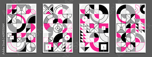Abstract geometric posters and covers set, vector background pattern magazine or catalog templates, technic style geometric shapes composition.