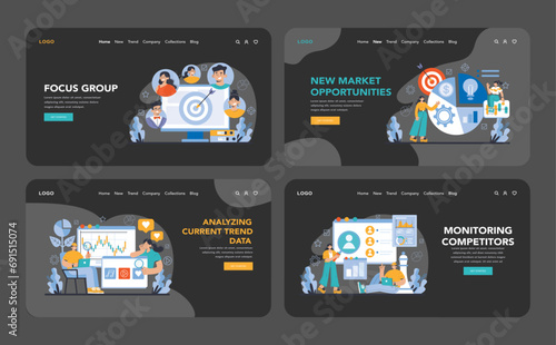 Trend watching dark or night mode web or landing set. Specialist tracking new business trends. Forecasting, data analysis and promotion strategy development. Flat vector illustration
