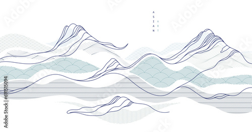 Oriental Japanese style vector abstract illustration, background in Asian traditional style, wavy shapes and mountains terrain, runny like sea lines. photo