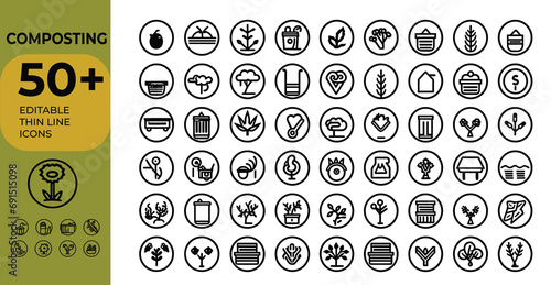 Composting icon, organic waste, nutrient-rich soil, compost pile, sustainable gardening, gardening icons set, thin line Icons set