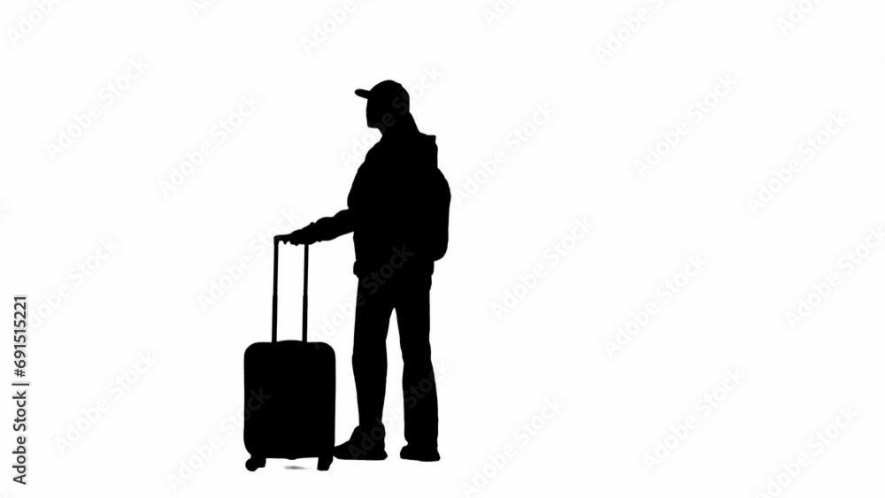 Portrait of silhouette traveler isolated on white background alpha channel. Woman walking with suitcase, standing waiting for the boarding. Portrait of silhouette traveler isolated on white background alpha channel. Woman walking with suitcase, standing waiting for the boarding.