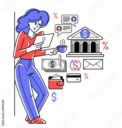 Online banking vector outline illustration, woman manager working with finances or customer manages her account with deposit or credit, e-banking.