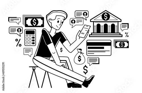 Online banking vector outline illustration, manager working with finances or customer manages his account with deposit or credit, e-banking.