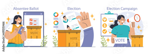 Election set. Democratic procedure, citizens choosing political party or candidate by the electoral process. Character checking a ballot on a referendum. Flat vector illustration