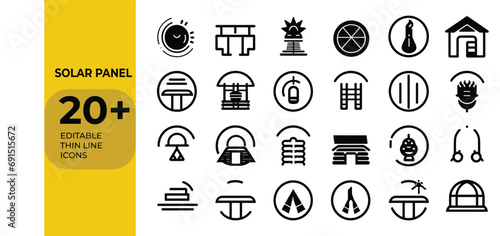 Solar panel icon, photovoltaic symbol, solar energy, clean power, renewable technology, eco-friendly icons set, thin line solar panel icon set