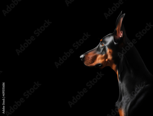 Profile portrait of Doberman dog on black background with copy space
