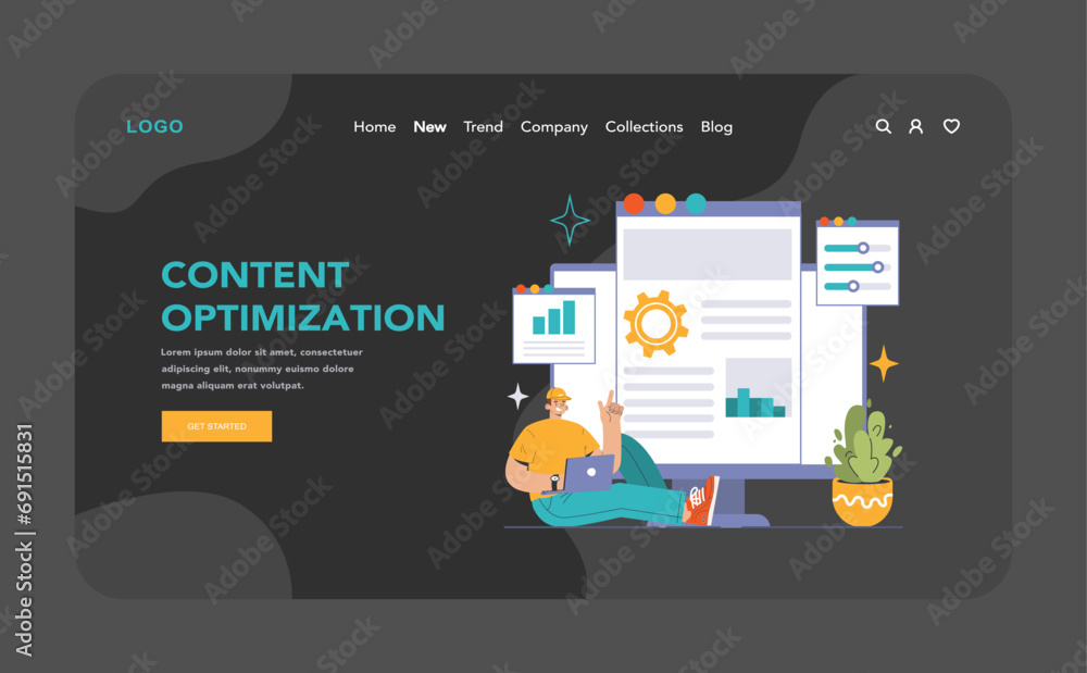 Content optimization dark or night mode web, landing. Analyzing and improving website information architecture. Data-driven approach for user engagement. Flat vector illustration. Content optimization dark or night mode web, landing. Analyzing and improving website information architecture. Data-driven approach for user engagement. Flat vector illustration.