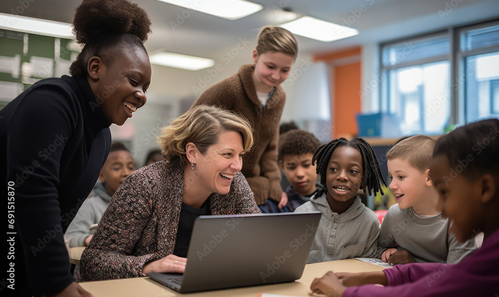 Tech Education, Teacher Guides Diverse Group of Students in a Modern, Technology Classroom.