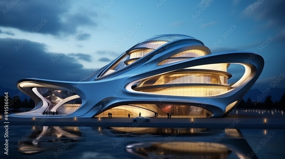 Naklejka premium Futuristic Architecture Design at Dusk. Generative ai
