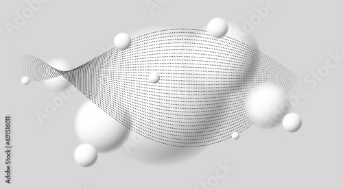 Light and soft 3D defocused spheres with particles wave flow vector abstract background, relaxing ambient theme with white balls in levitation, atmospheric wallpaper.