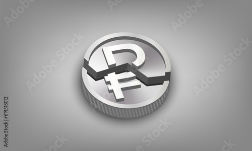 Vector 3D Russian ruble. Broken coin. Inflation, collapse and sanctions. Financial economic poster. Expectations of default.