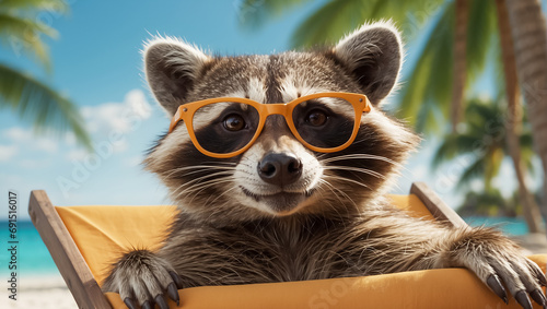 cute funny cartoon raccoon on the beach wearing sunglasses creative