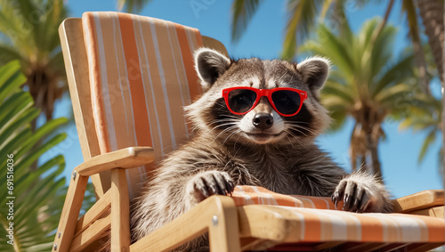 cute funny cartoon raccoon on the beach wearing sunglasses  vacation