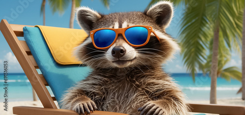 cute funny cartoon raccoon on the beach wearing sunglasses sunbathing