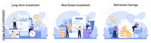 Investment Planning set. Detailing secure financial future through long-term growth, property assets, and retirement fund strategies. Flat vector illustration