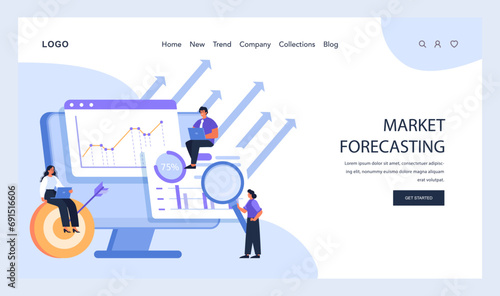 Market Forecasting in focus. Professionals study market trends on a giant screen, analyzing future projections with dynamic arrows. Strategy and prediction elements evident. Flat vector .