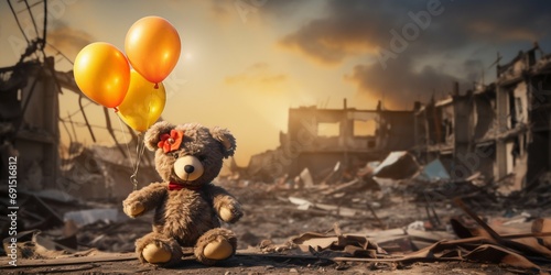 Teddy Bear Amidst Ruins with Balloons: Hope in Desolation. Generative ai
