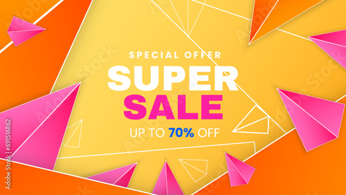 Yellow orange and pink vector super sale discount background offer template. Vector super sale template design. Big sales special offer. End of season party background