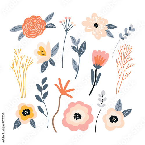 Set of vector illustrations of flowers in doodle style on a white background. for design and invitations. 