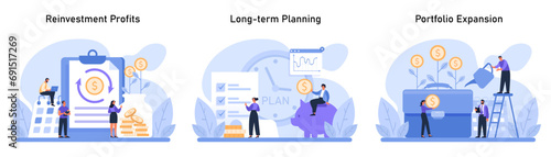 Capital Gain set. Showcasing reinvestment profits, importance of long-term planning, and strategies for portfolio expansion. Flat vector illustration