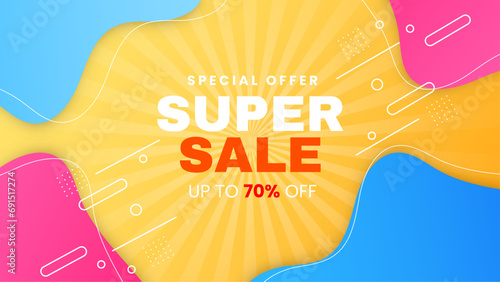 Blue pink and yellow vector special discount super sale background. Vector super sale template design. Big sales special offer. End of season party background photo