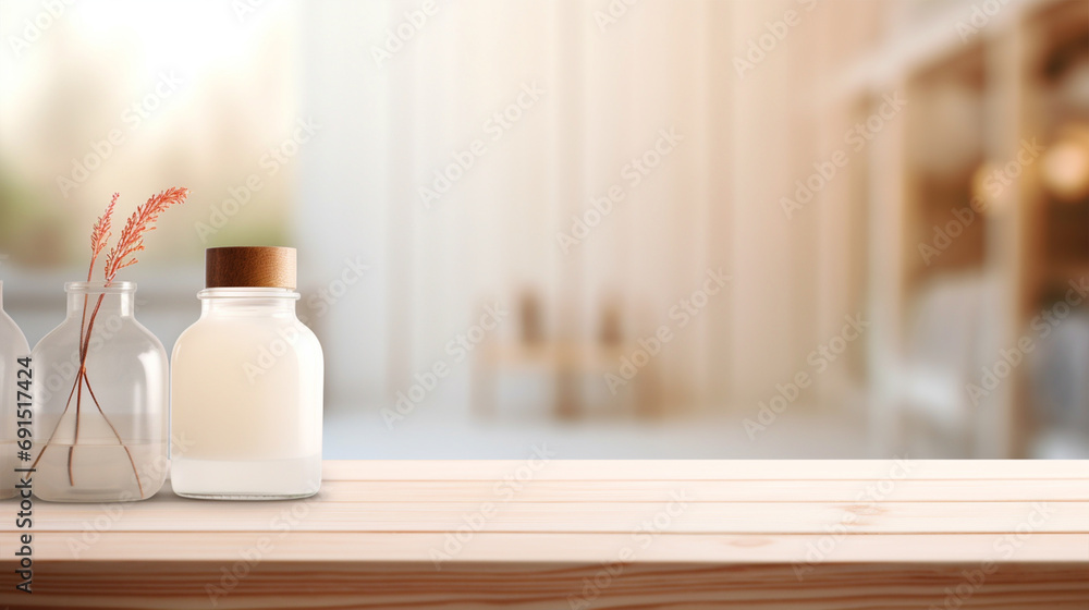 Wooden tabletop display with indoor background - ai generative Wooden tabletop display with indoor background - ai generative