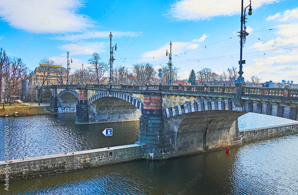 Legion Bridge and river lock on Vltava River, Prague, Czechia
