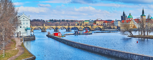 Panorama of Smichov river lock on Vltava River, Prague, Czechia photo