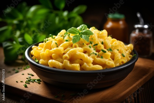 A Deliciously Comforting Bowl of Creamy Macaroni Cheese Pasta Served on a Wooden Table
