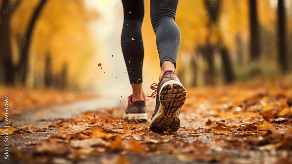 Autumn Jogging: Close-Up on Runner's Shoes Amongst Fallen Leaves. Generative ai Autumn Jogging: Close-Up on Runner's Shoes Amongst Fallen Leaves. Generative ai