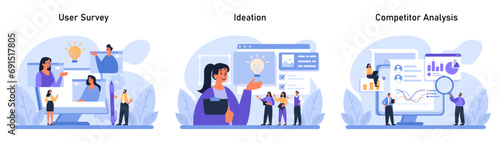 Design Thinking set. Essential steps in creative problem-solving: conducting user surveys, generating ideas, and analyzing competitors. Essential for product development. Flat vector